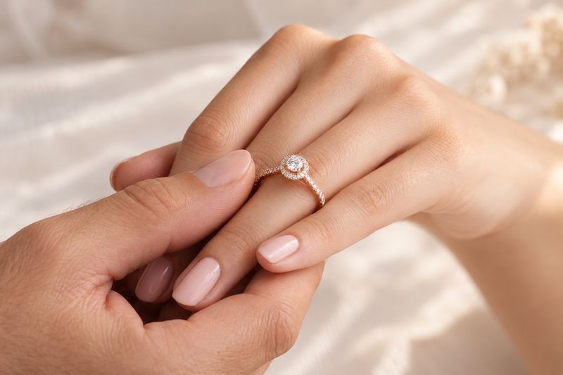bague de fiançailles halo en or rose passée au doigt